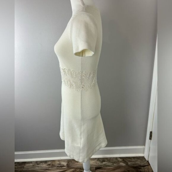 SANDRO Ivory Knit Fit & Flare Dress With Lace Mid Detail Size 1 | US Small - Picture 2 of 11